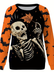Skeleton Print Colorblock Pullover Sweatshirt for Women