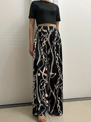 Summer Two Piece Set Short Sleeve Crop Tee & Chain Print Wide Leg Pants