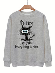 Crazy Cat Print Pullover Sweatshirt for Fall & Winter