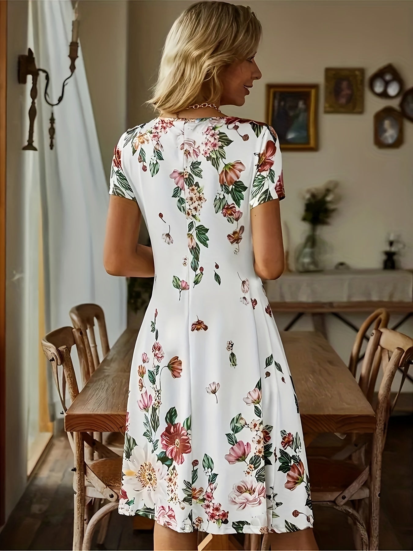 Floral V Neck Dress Short Sleeve Casual Summer Dress