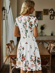 Floral V Neck Dress Short Sleeve Casual Summer Dress