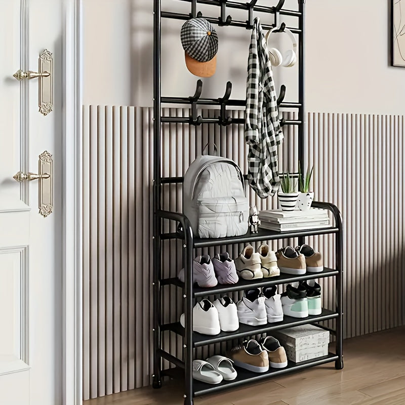 Entrance Coat Rack Shoe Rack Standing Coat Rack with 4 Layers Storage Shelves