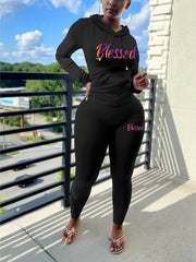 Blessed Print Two piece Set Long Sleeve Drawstring Hoodies & Skinny Pants
