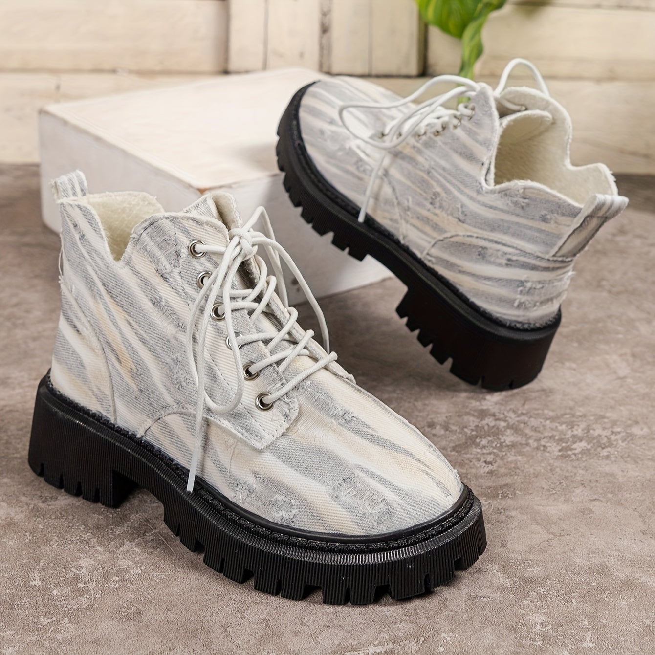 Women's Denim Flat Walking Boots High Top Lace Up Non Slip Fall Winter Boots