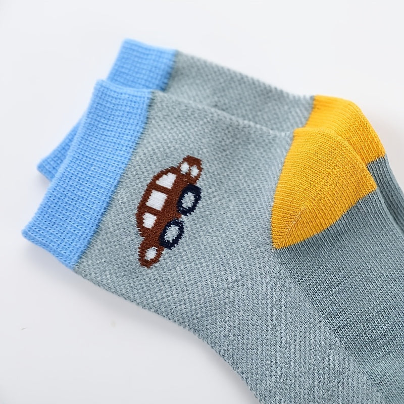 5 Pairs Kids Cartoon Car Cotton Crew Socks, Winter Boys and Girls