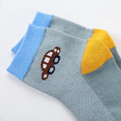 5 Pairs Kids Cartoon Car Cotton Crew Socks, Winter Boys and Girls
