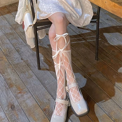 Girls Lace Up Knee High Socks Fishnet Pattern Strap Calf Socks