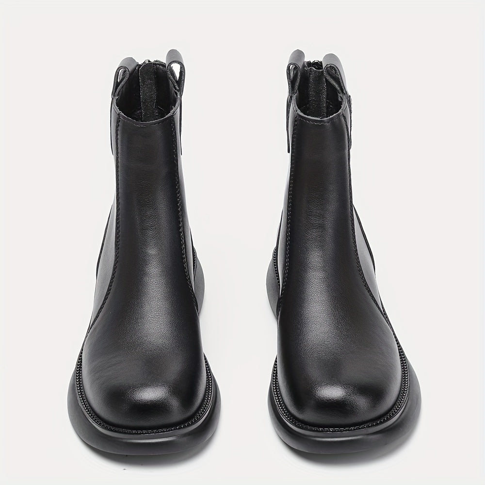 Women's Back Zipper Chunky Heel Leather Boots