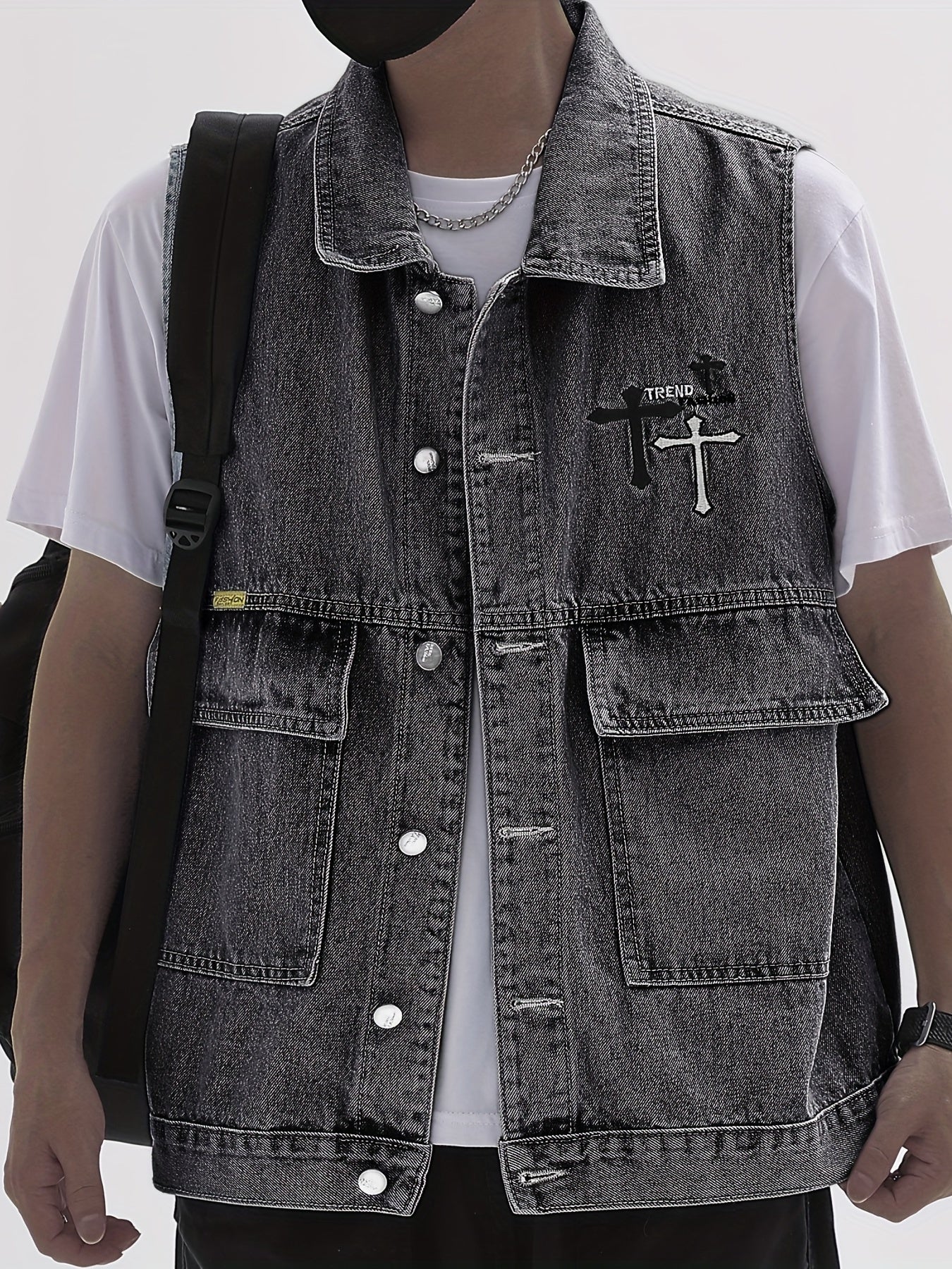 Men's Denim Vest Casual Street Style Big Pockets Turn-Down Collar Waistcoat