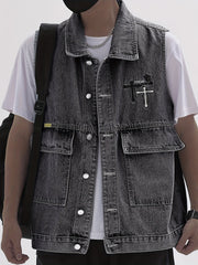 Men's Denim Vest Casual Street Style Big Pockets Turn-Down Collar Waistcoat