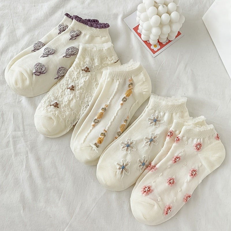5 Pairs Floral Print Socks Comfy Ruffle Low Cut Ankle Socks Women's Stockings