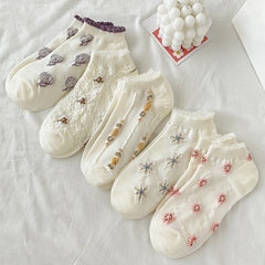 5 Pairs Floral Print Socks Comfy Ruffle Low Cut Ankle Socks Women's Stockings