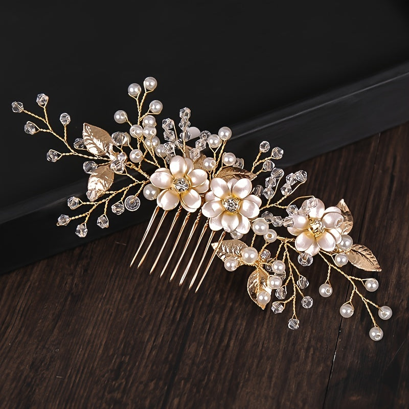 Silver Flower Hair Comb Pearl Rhinestone Bridal Wedding Tiara