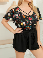 Floral Print Criss Cross Flutter Sleeve Top
