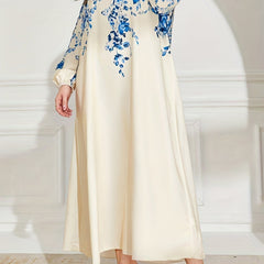 Floral Print Lantern Sleeve Maxi Abaya Dress