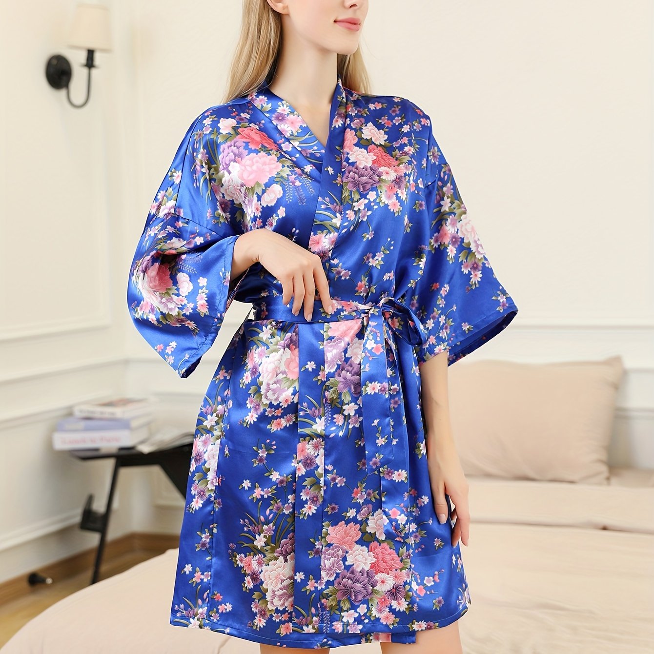 Floral Print Satin Night Robe V Neck 3/4 Sleeve with Belt