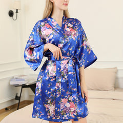 Floral Print Satin Night Robe V Neck 3/4 Sleeve with Belt