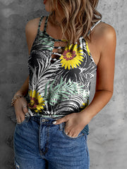 Floral Tank Top Hollow Out Summer Polyester Women's Clothing