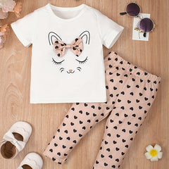 3pcs Baby Girls Cat Bowknot T shirt & Pants Set with Headband