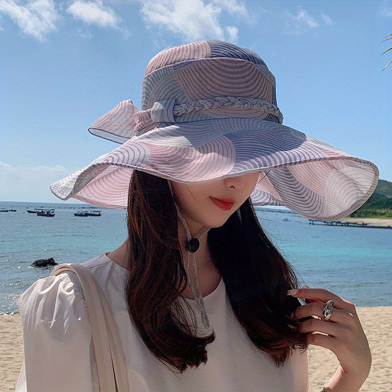 Striped Block Sun Hat Ribbon Bowknot Wide Brim Bucket Hat