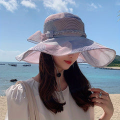 Striped Block Sun Hat Ribbon Bowknot Wide Brim Bucket Hat