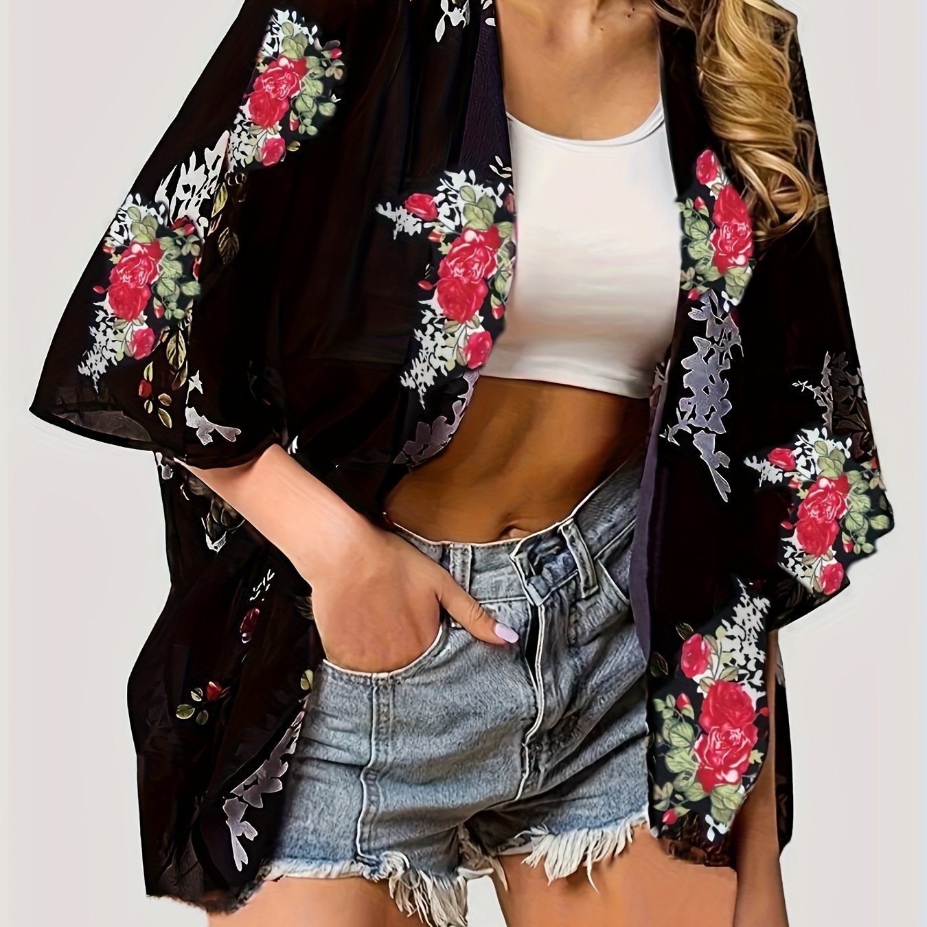 Floral Print Open Front Chiffon Cardigan Cover Up Loose Fit 3/4 Sleeve