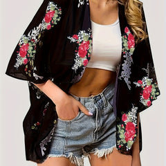 Floral Print Open Front Chiffon Cardigan Cover Up Loose Fit 3/4 Sleeve