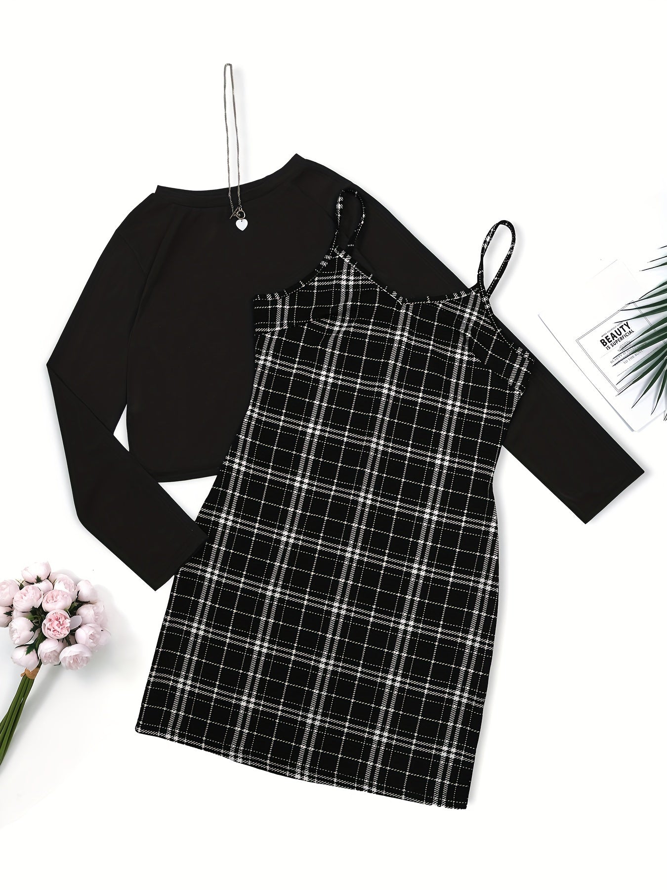 Preppy Two-piece Set Solid Long Sleeve Tops & Plaid Print Dress