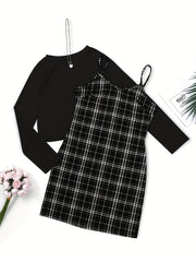 Preppy Two-piece Set Solid Long Sleeve Tops & Plaid Print Dress