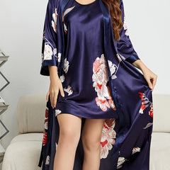 Floral Print Dress & Belted Robe Loungewear Set