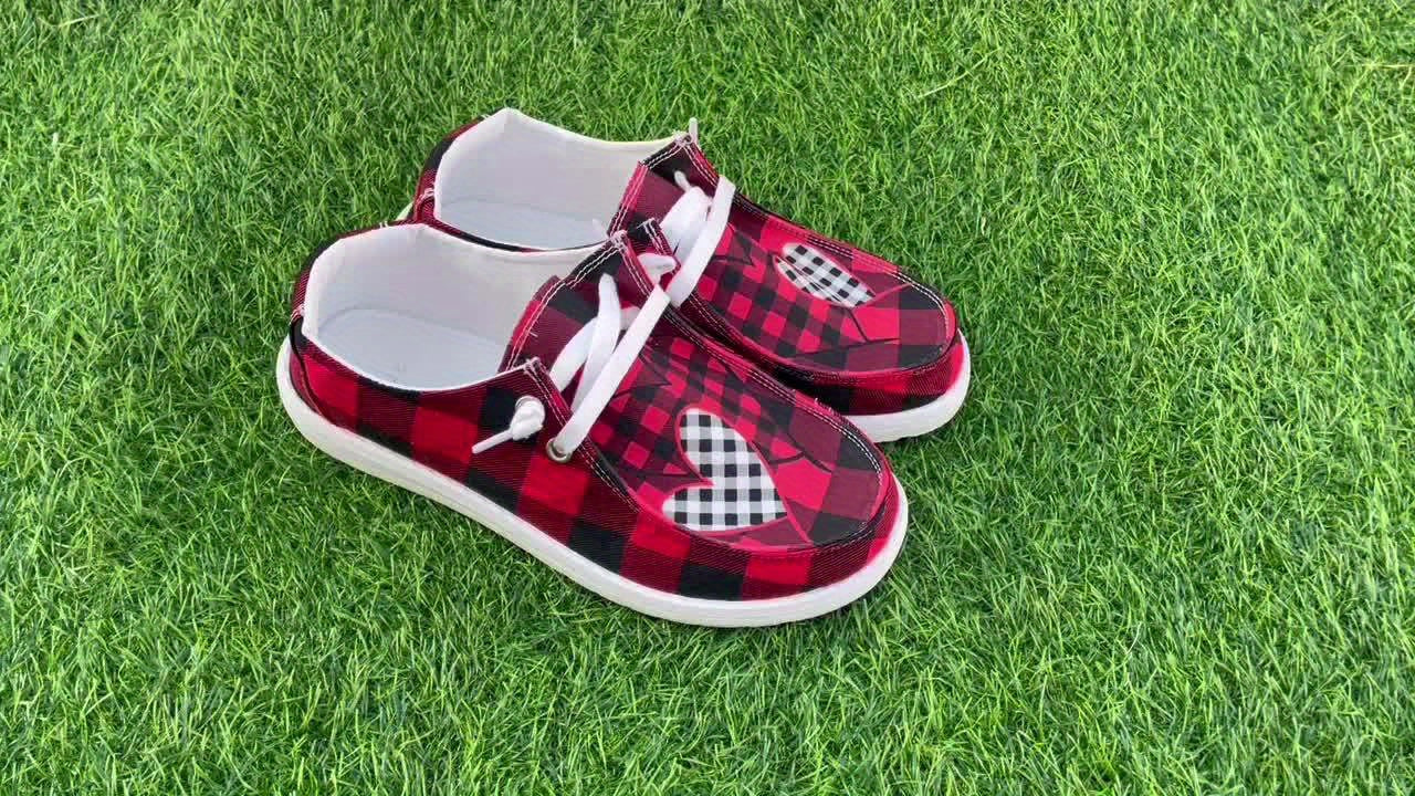 Love Red Grid Boat Shoes Women's Versatile Shallow Mouth Casual Sneakers