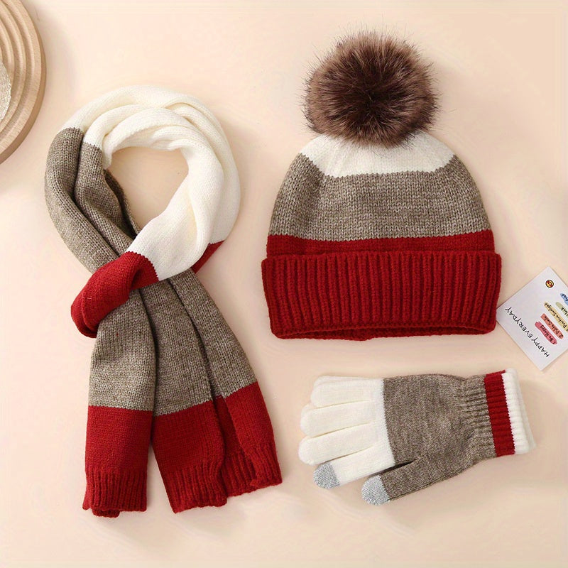 Boys Winter Warm Set Plus Velvet Knitted Hat Scarf Gloves
