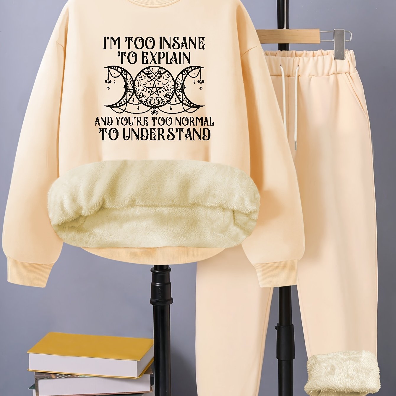 Women's Slogan & Moon Print Fleece Top & Pants Set