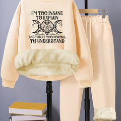 Women's Slogan & Moon Print Fleece Top & Pants Set