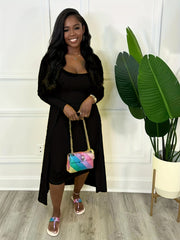 Ribbed Two piece Dress Set Long Sleeve Cardigan & Cami Dress