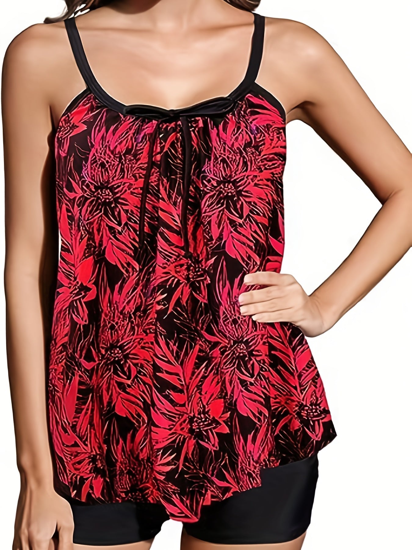 Floral Print Tankini Set Tie Front Cami Top & Shorts Swimsuit 2 Piece