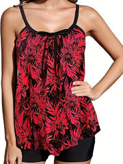 Floral Print Tankini Set Tie Front Cami Top & Shorts Swimsuit 2 Piece