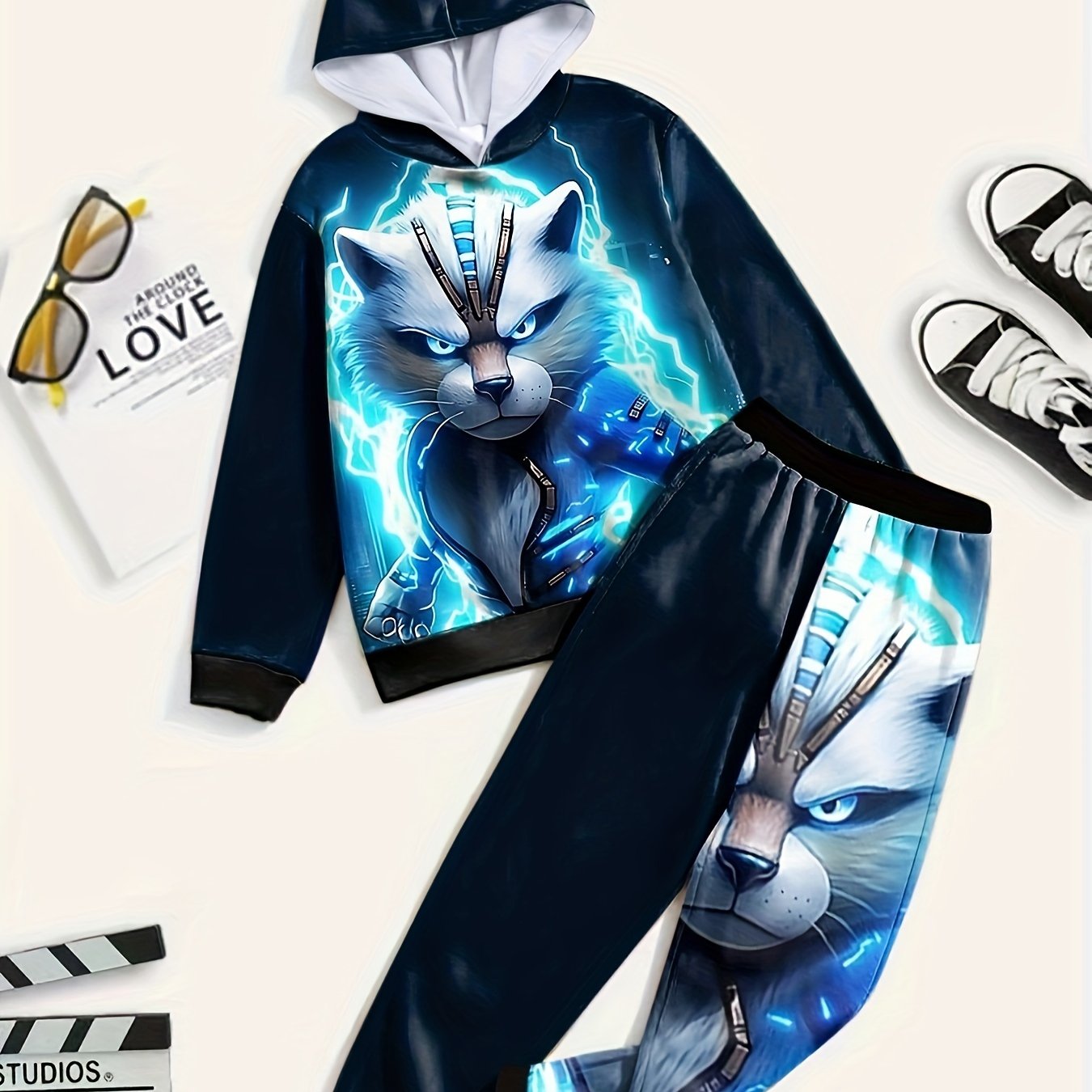 3D Flash Kitty Outfits Hoodies Splicing Jogger Pants Boys Girls Spor