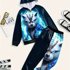 3D Flash Kitty Outfits Hoodies Splicing Jogger Pants Boys Girls Spor