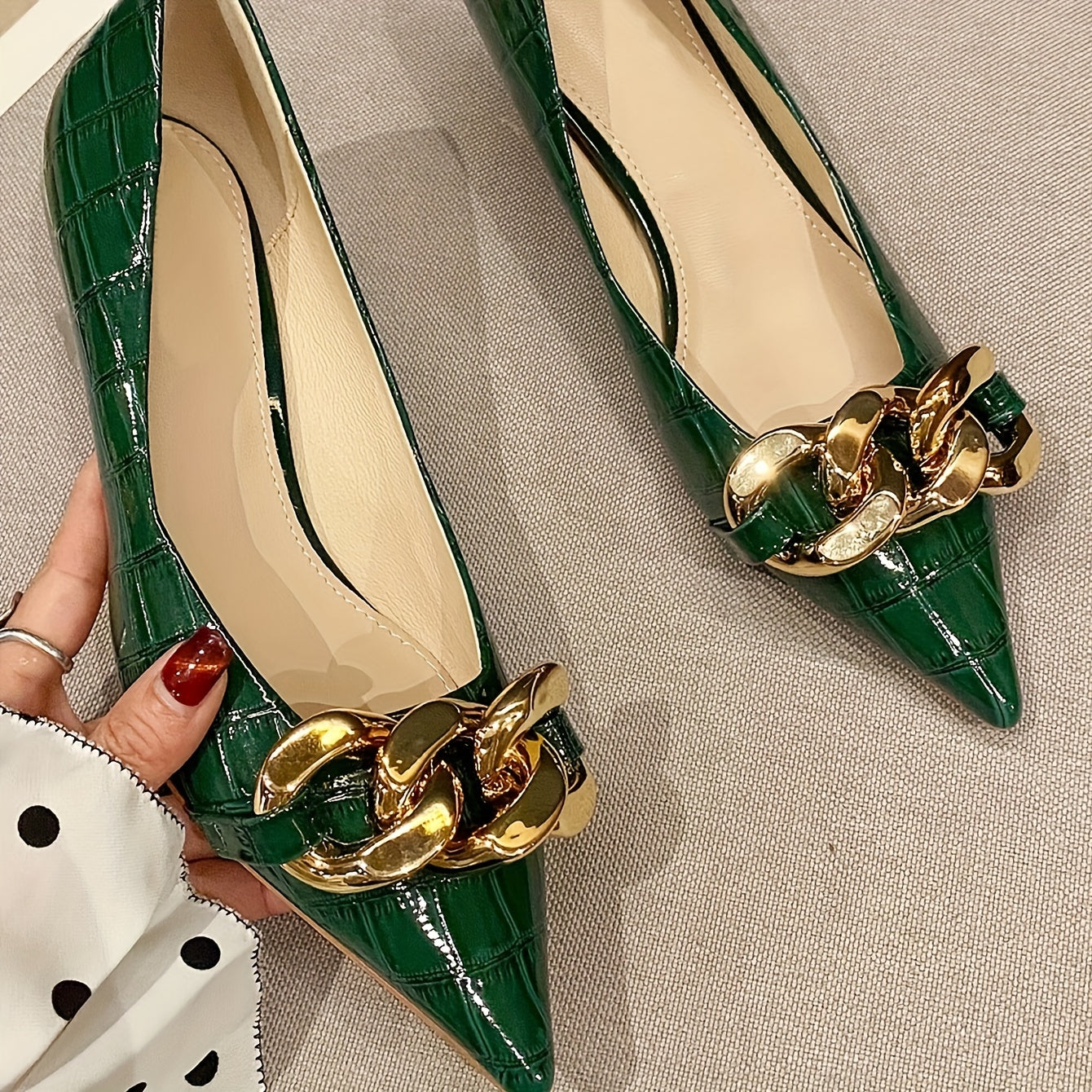 Chain Decor Kitten Heels Point Toe Dress Pumps Slip On Heels