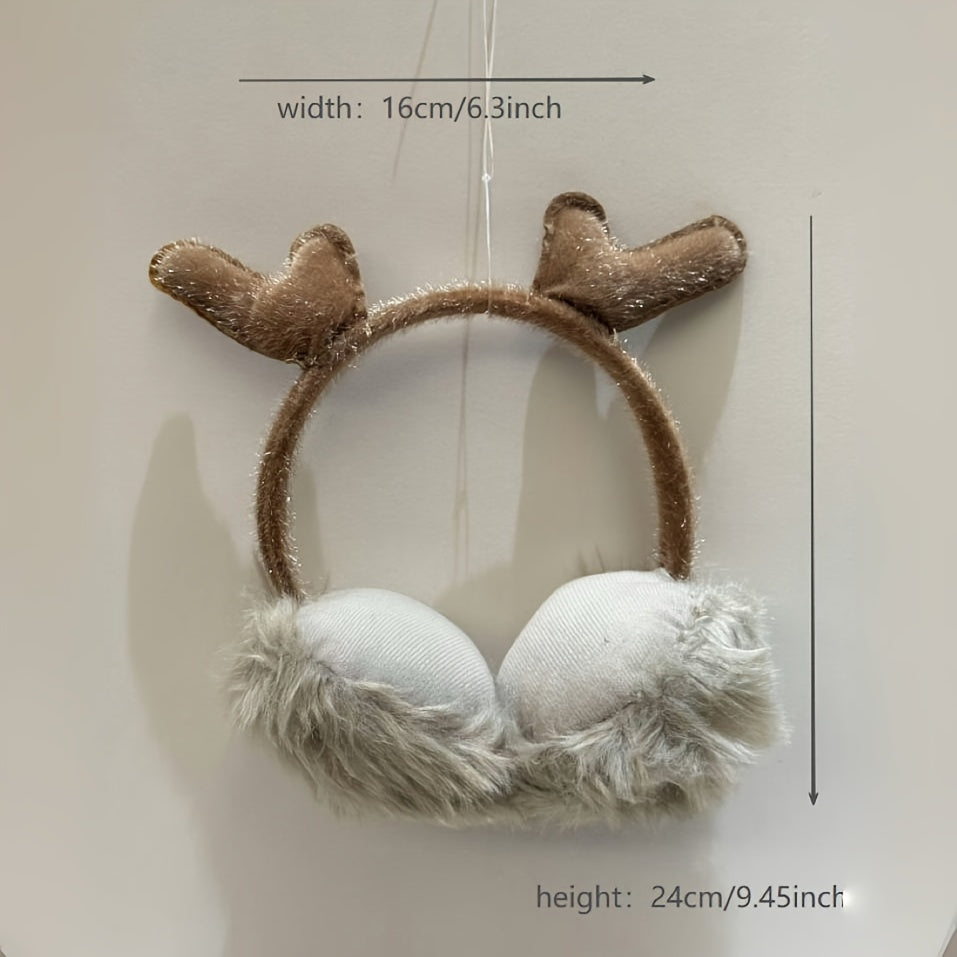 Christmas Earmuffs Brown Faux Fur Antlers Ear Warmers for Halloween
