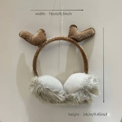 Christmas Earmuffs Brown Faux Fur Antlers Ear Warmers for Halloween