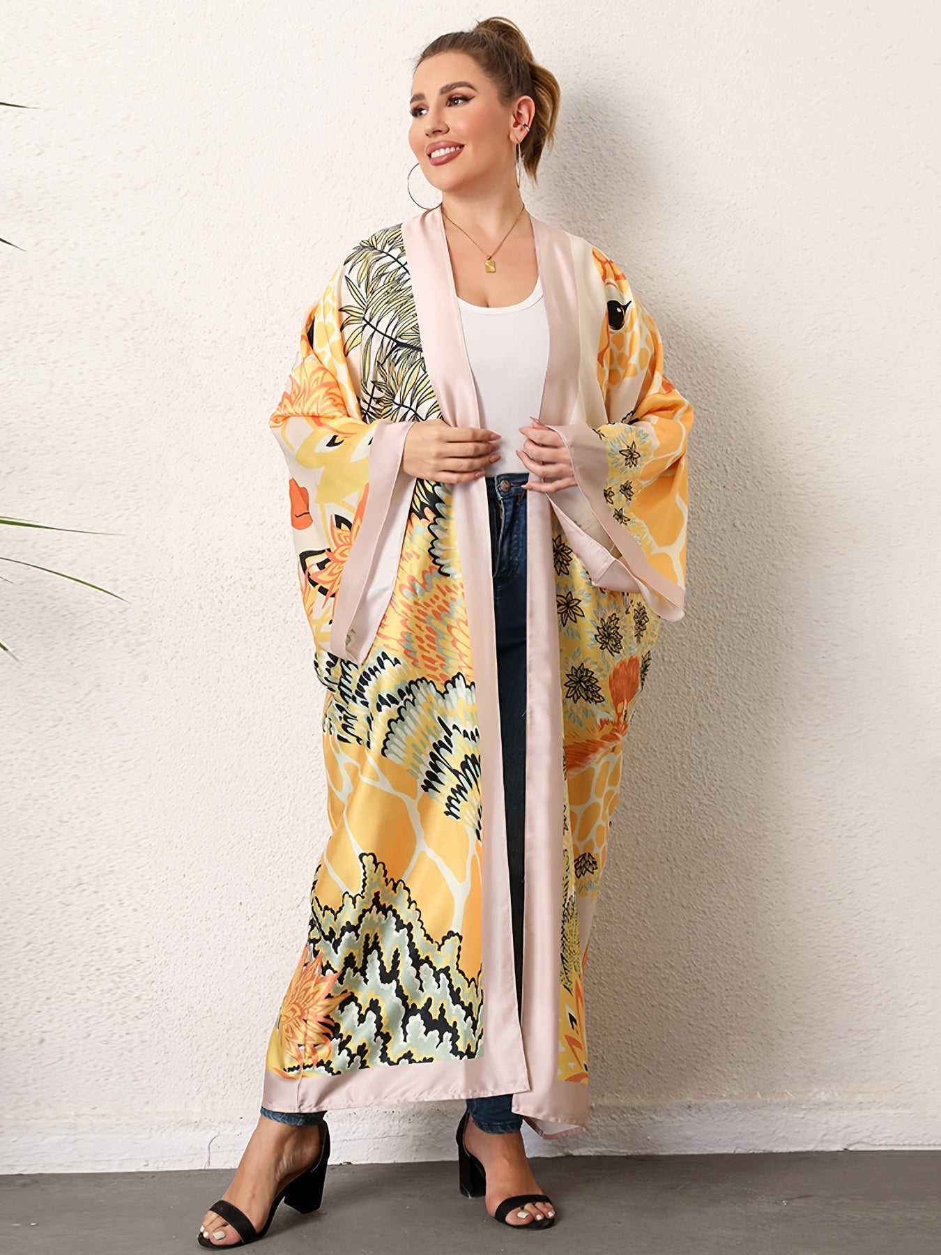 Boho Kimono Women's Plus Floral Print Long Sleeve Beach Cover-Up