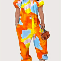 Tie Dye Puff Sleeve Jumpsuit Medium Stretch with Pockets