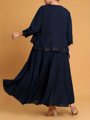 Casual 2 Piece Set Lace Panel Maxi Dress & Cardigan Knot Skirt Outfits