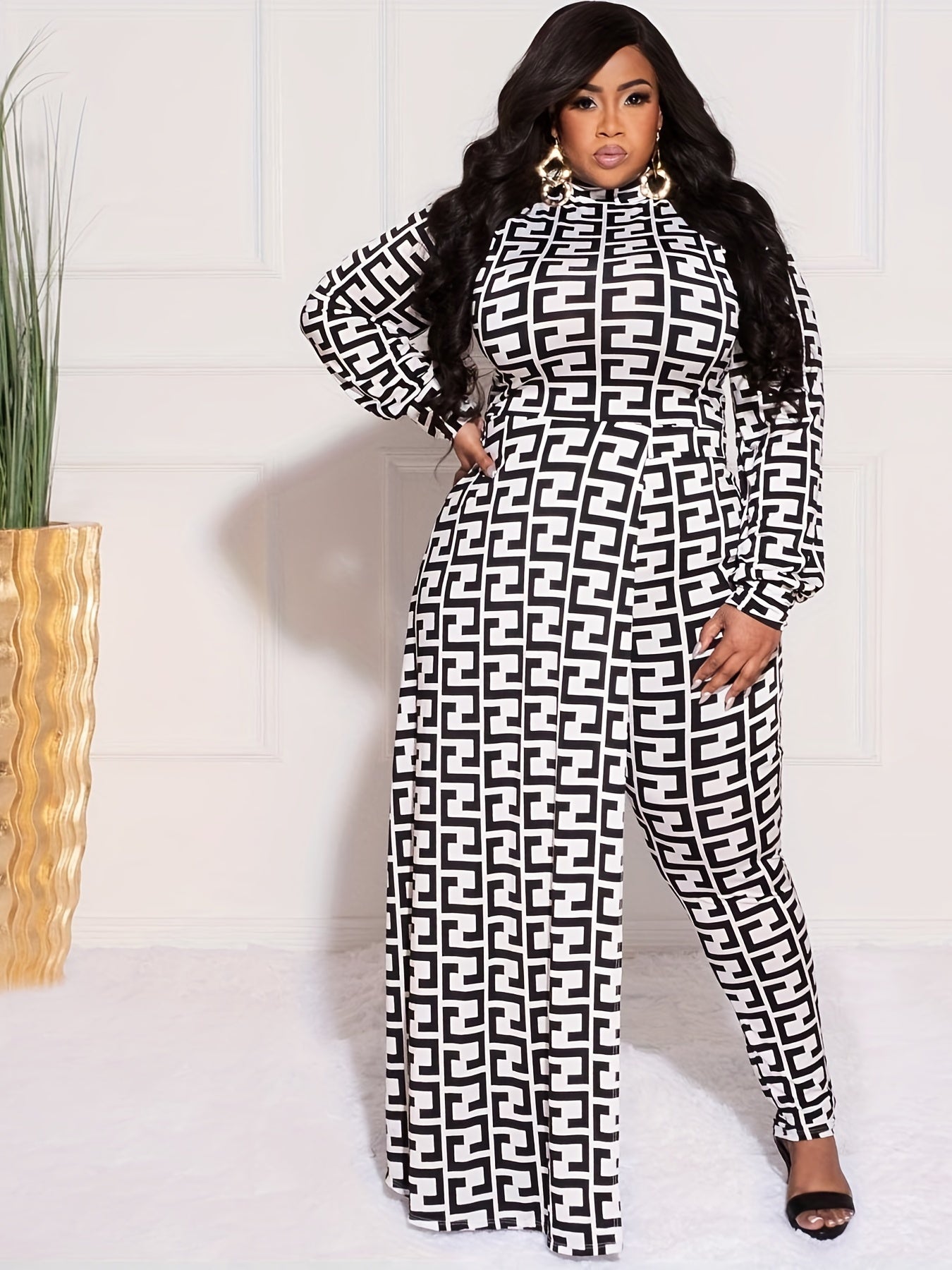 Geometric Print Long Sleeve Mock Neck Jumpsuit