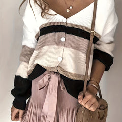 Colorblock Button Up V Neck Sweater Coat