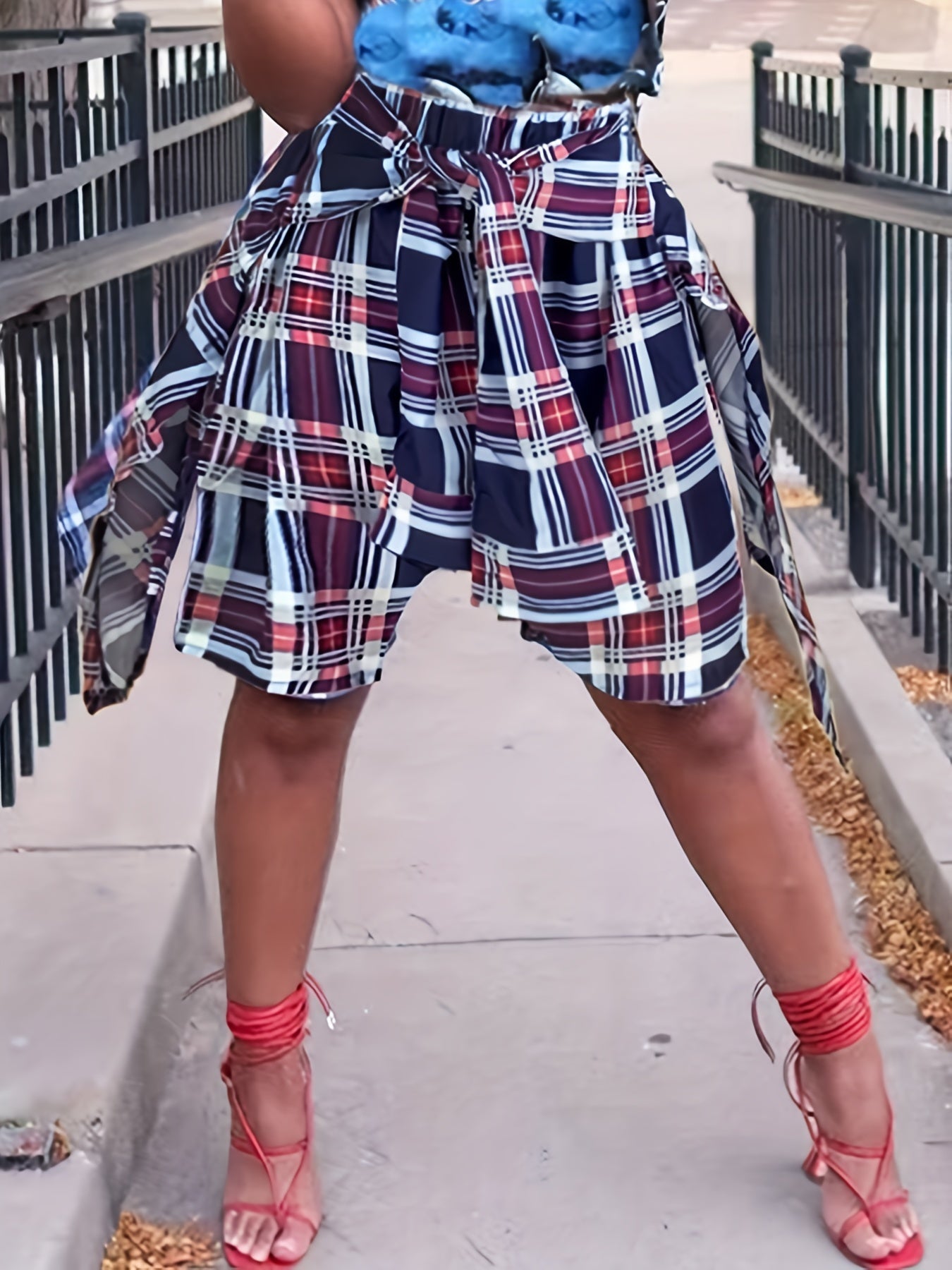 Plaid 5 High Waist Shorts With Wrap Cover Up