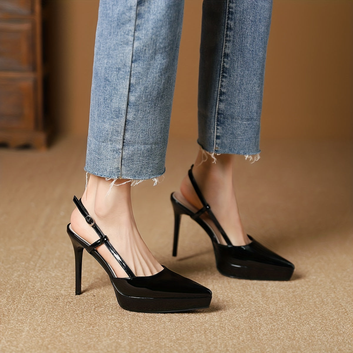 Solid Stiletto Heels Point Toe Buckle Strap Slingback Pumps