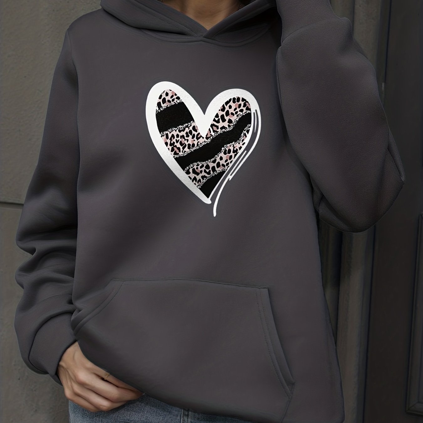 Heart Print Kangaroo Pocket Hoodie Long Sleeve Hoodies